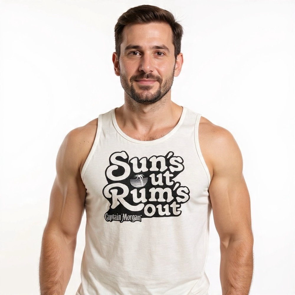 Captain Morgan “Sun’s Out, Rum’s Out” Graphic Tank Top White Sz L